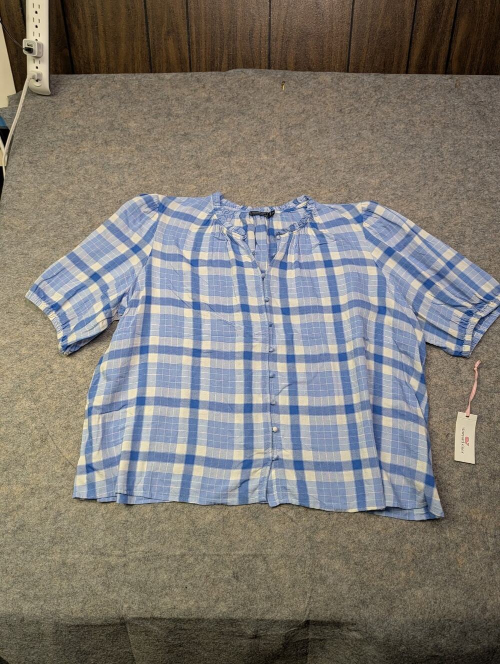 NWT Vineyard Vines Marthas Vineyard 3X Blue Plaid Peasant Button Front Shirt